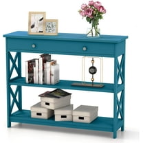 GOFLAME 39" Console Sofa Table with Drawers, 3-Tier Narrow Entry Table with Storage Shelves for Living Room Behind Couch, Entryway (Navy Blue)