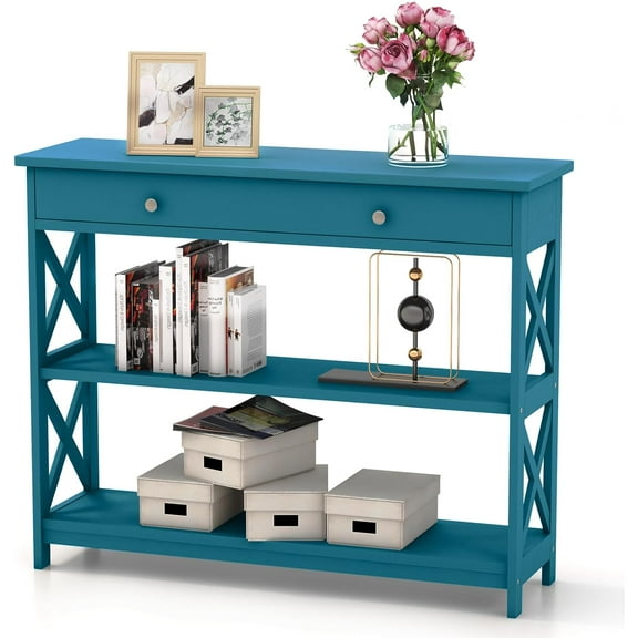 GOFLAME 39" Console Sofa Table with Drawers, 3-Tier Narrow Entry Table with Storage Shelves for Living Room Behind Couch, Entryway (Navy Blue)