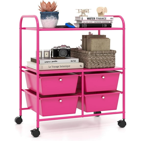 GOFLAME 4-Drawer Rolling Storage Cart with 2 Shelves, Mobile Utility Cart with Removable Drawers and Metal Frame, Art Craft Drawer Cart with Lockable Wheels for Home, Office, School, Studio, Hot Pink