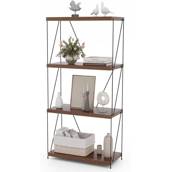 GOFLAME 4-Tier Bookshelf, Freestanding Bookcase Shelf with Metal Frame, Storage Shelving Unit, Multipurpose Display Rack for Bedroom, Living Room, Study, Office, Walnut