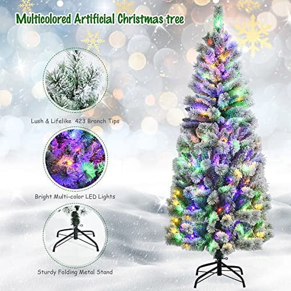 GOFLAME 5 FT Pre-Lit Artificial Christmas Tree, Snow Flocked Slim ...