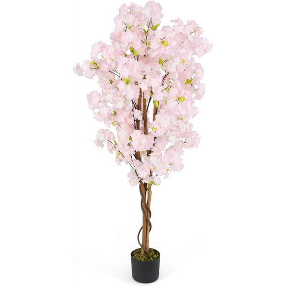 GOFLAME 5FT Artificial Cherry Blossom Tree, Faux Pink Silk Plant with Solid Wood Trunk, Realistic Moss and Nursery Pot, Fake Sakura Flower Tree for Home Office Indoor Decor
