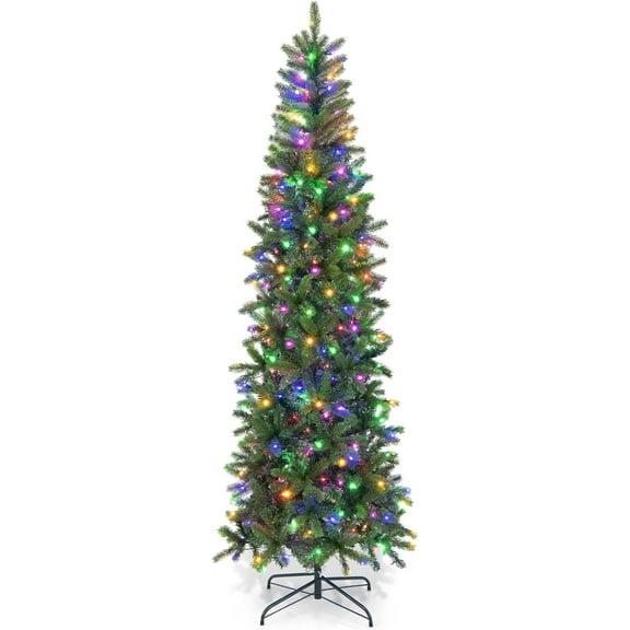 GOFLAME 5ft Pre-lit Pencil Christmas Tree, Artificial Christmas Tree with 180 LED Lights, 10 Light Modes, 390 Branch Tips, Metal Stand, Hinged Xmas Tree for Holiday Festival Decor