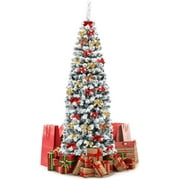 GOFLAME 6 FT Snow Flocked Pencil Christmas Tree, Classic Realistic Pine Tree with Foldable Stand and Lush Branches, Traditional Indoor Outdoor Decoration for Festival Party Holiday, Passageway