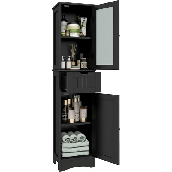 GOFLAME 67” Tall Narrow Bathroom Storage Cabinet, Corner Floor Cabinet with 2 Doors, 1 Drawer & 3-Level Adjustable Shelves, Slim Storage Organizer for Bathroom, Living Room, Black
