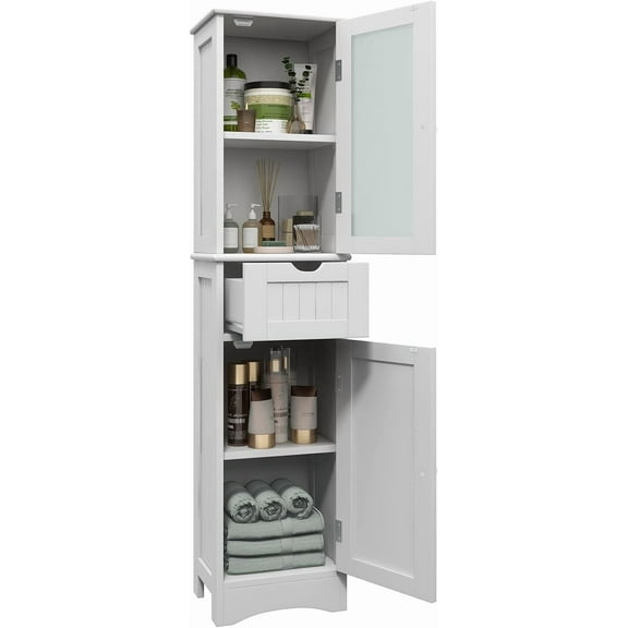 GOFLAME 67” Tall Narrow Bathroom Storage Cabinet, Corner Floor Cabinet with 2 Doors, 1 Drawer & 3-Level Adjustable Shelves, Slim Storage Organizer for Bathroom, Living Room, White