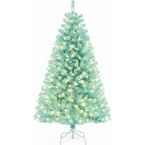 GOFLAME 6FT Pre-Lit Artificial Christmas Tree, Hinged Xmas Tree with 758 Branch Tips, 280 Warm White LED Lights, Holiday Decoration Tree with Metal Stand for Home Office Party, Blue