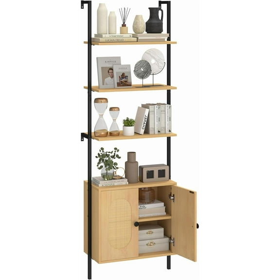 GOFLAME 72.5'' Tall Bookshelf with Cabinet, 4-Tier Wall Mount Ladder Shelf with Rattan Cabinet, Adjustable Shelf, Metal Frame, Rustic Display Shelf for Living Room, Home Office, Natural