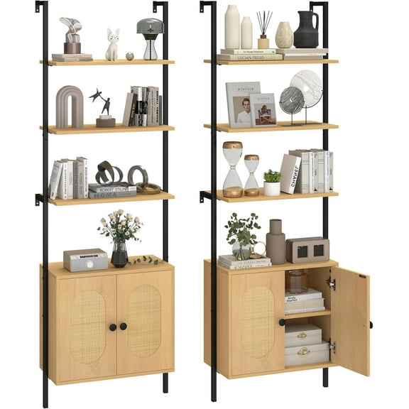 GOFLAME 72.5'' Tall Bookshelf with Cabinet Set of 2, 4-Tier Wall Mount Ladder Shelf with Rattan Cabinet, Adjustable Shelf, Metal Frame, Rustic Display Shelf for Living Room, Home Office, Natural