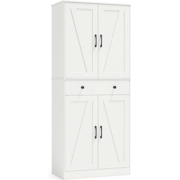 GOFLAME 72” Tall Pantry, Modern Farmhouse Cupboard Cabinet with 4 Barn Doors, Storage Drawer & 3 Adjustable Shelves, Versatile Storage with Anti-TIPP Kits for Living Room, Dining Room, White