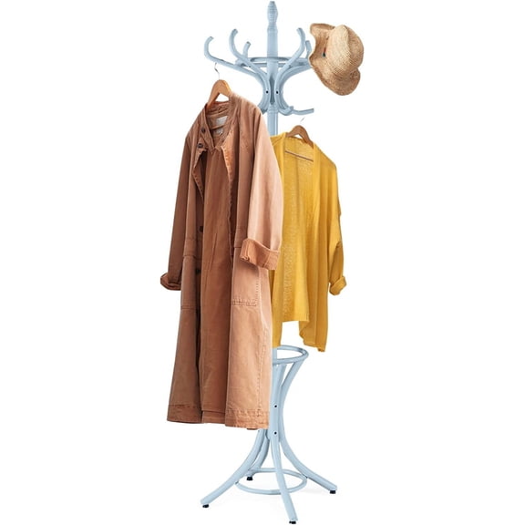 GOFLAME 73" Coat Rack Freestanding, Wooden Coat Tree with 12 Hooks and Umbrella Stand, Entryway Hall Tree, Hat Hanger Organizer, Coat Rack Stand for Coats, Hats, Scarves, Bags, Easy Assembly, Grey