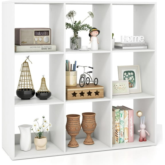 GOFLAME 9-Cube Bookcase, Bookshelf with Storage, Open Back, Bottom Guardrail, Modern Display Shelf, Freestanding, 3-Tier Cubby Storage Organizer for Living Room, Study, Office, White