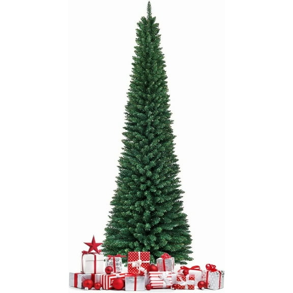 GOFLAME 9 FT Pencil Slim Christmas Tree, Artificial Christmas Tree with Foldable Metal Stand and PVC Material, Perfect Holiday Decoration for Home and Office, Green