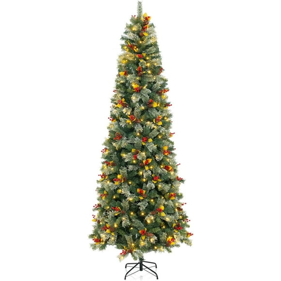 GOFLAME 9FT Prelit Artificial Christmas Tree, Hinged Xmas Tree with 1416 Branch Tips, 560 Warm White LED Lights, 8 Lighting Modes, 92 Red Berries & Pine Cones, Holiday Decoration Tree for Home Party
