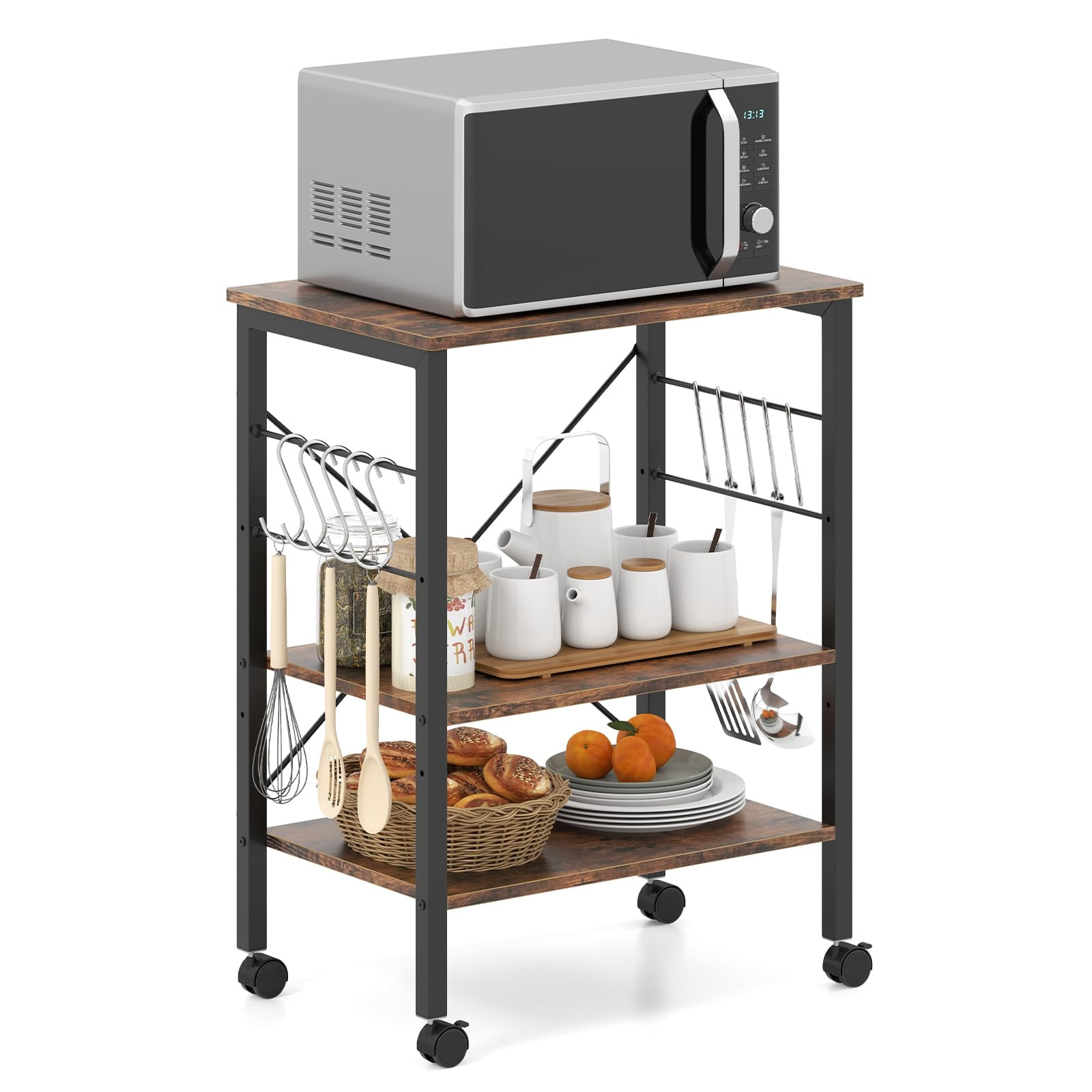Baker's Rack on Wheels, Kitchen Mobile Serving Cart, 3-Tier Microwave ...