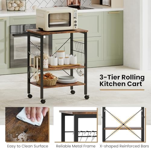 Food Roller Rack GOFLAME Baker's Rack on Wheels, Kitchen Mobile Serving Cart, 3-Tier ...