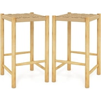 GOFLAME Bar Stools Set of 2, 26” Counter Height Barstools with Woven Seat & Footrests, Boho Backless Bar Chairs with Rubber Wood Frame for Dining Room, Kitchen, Bistro, Pub