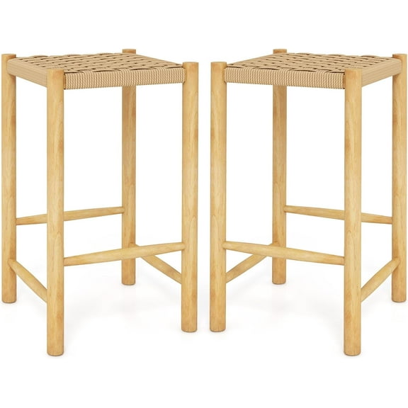 GOFLAME Bar Stools Set of 2, 26” Counter Height Barstools with Woven Seat & Footrests, Boho Backless Bar Chairs with Rubber Wood Frame for Dining Room, Kitchen, Bistro, Pub