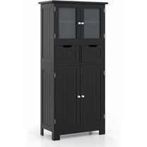 GOFLAME Bathroom Floor Cabinet, Storage Organizer with Glass Doors, Wooden Kitchen Cupboard with Adjustable Shelf for Living Room, Black