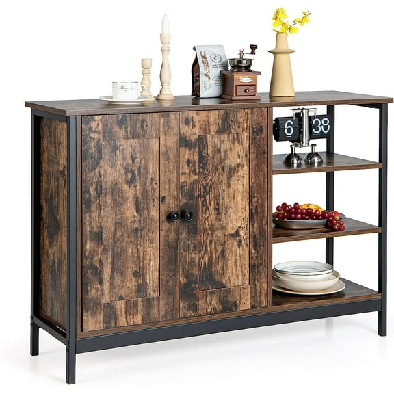 GOFLAME Buffet Storage Cabinet, Industrial Sideboard Cabinet with 2 Doors, Adjustable Shelf & 3-Tier Rack, Freestanding Coffee Bar for Kitchen, Living Room, Rustic Brown