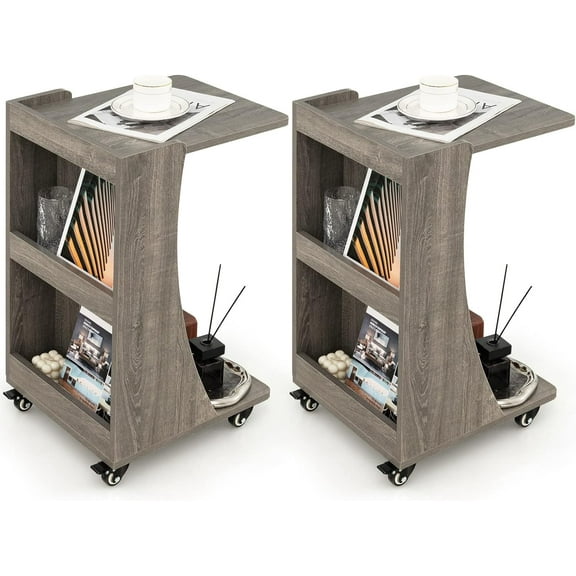 GOFLAME C-Shaped End Table Set of 2, Mobile Sofa Side Table with 2 Back Storage Compartments, Swivel Casters with Brakes, Compact Coffee Table, Snack Table for Living Room, Bedroom, Small Space, Grey