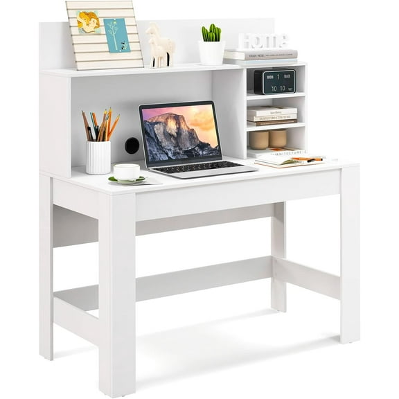 GOFLAME Computer Desk with Hutch, Wooden Writing Desk with Anti-Toppling Device, Cable Management Hole, Modern Home Office Workstation PC Laptop Table for Small Space, White