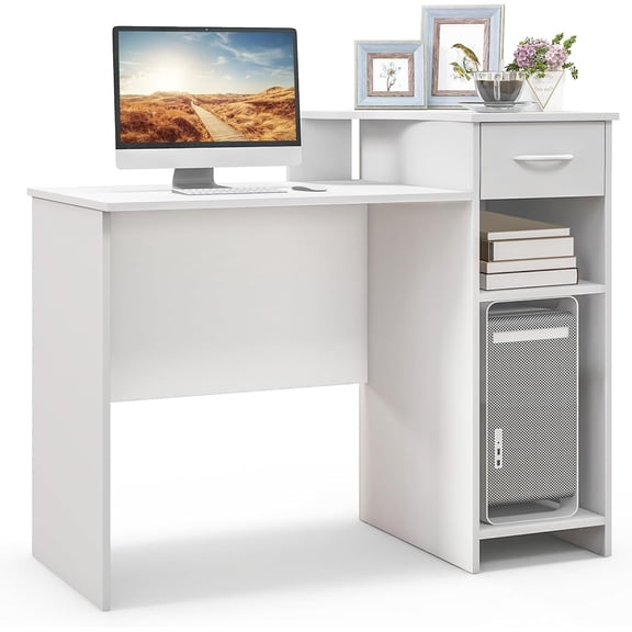 GOFLAME Computer Desk, Modern Laptop PC Desk with Adjustable Shelf & Cable Hole, Compact Writing Desk Study Desk with Monitor Stand, Wooden Computer Workstation for Home Office, White