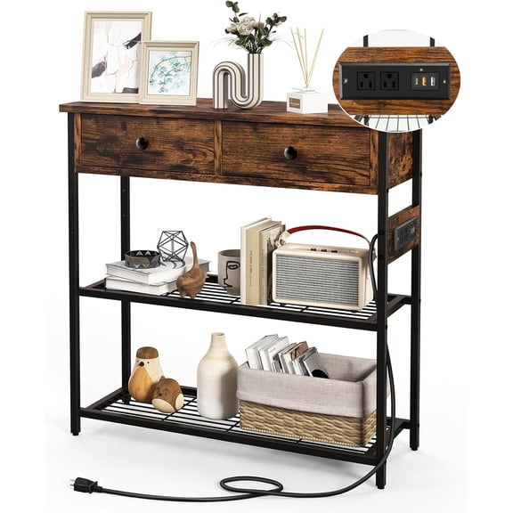 GOFLAME Console Table with Power Outlet, Narrow Entry Table with Drawers, 2 AC Outlets & 2 USB Ports, Sofa Table for Living Room Behind Couch, Living Room, Foyer, Brown