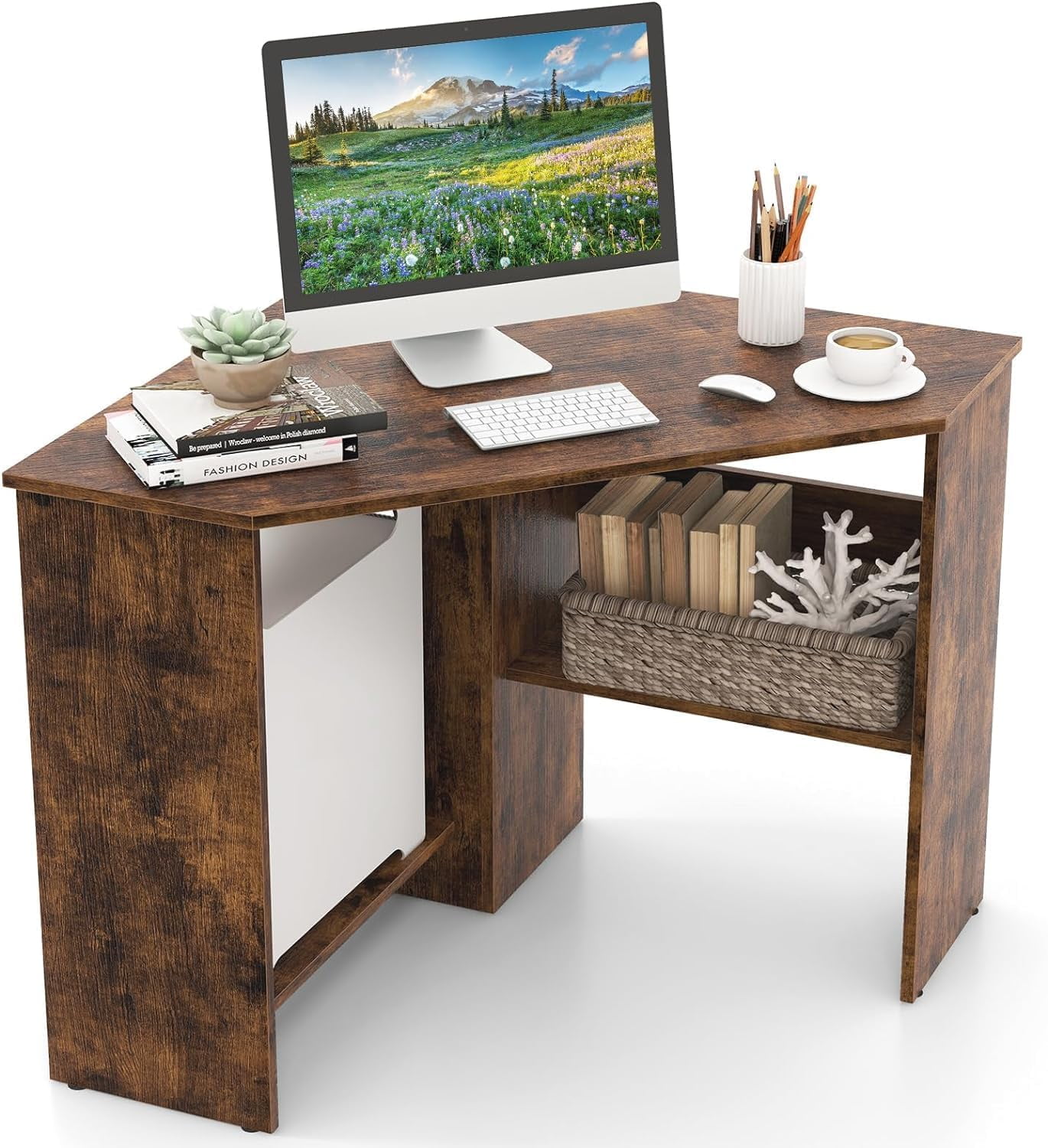 GOFLAME Corner Desk with Storage Shelves, Triangular Computer Desk with ...