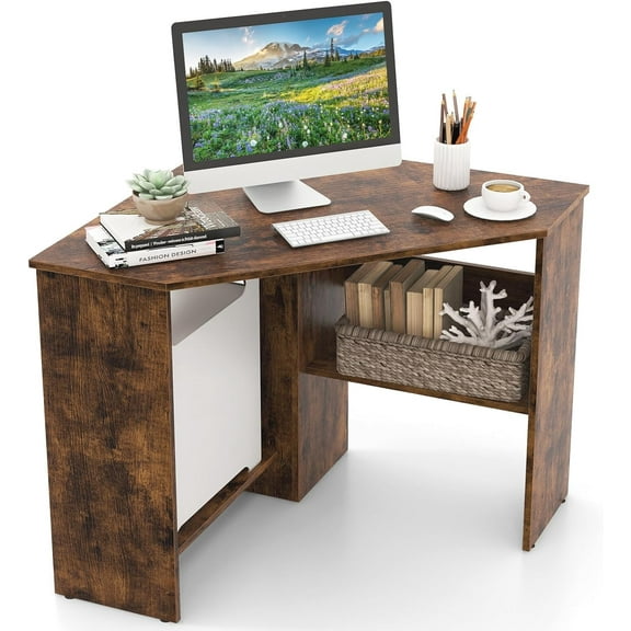 GOFLAME Corner Desk with Storage Shelves, Triangular Computer Desk with Cable Management Holes, Laptop Workstation for Small Space, Makeup Vanity Desk for Living Room, Study, Rustic Brown