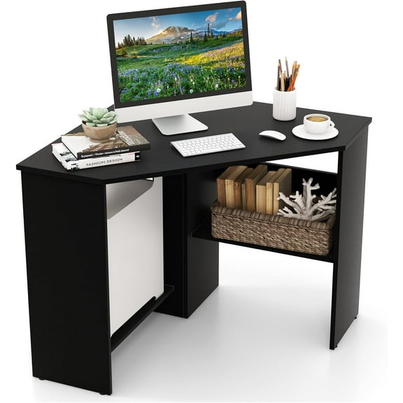 GOFLAME Corner Desk with Storage Shelves, Triangular Computer Desk with Cable Management Holes, Laptop Workstation for Small Space, Makeup Vanity Desk for Living Room, Study, Black