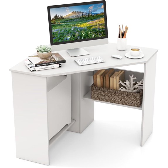 GOFLAME Corner Desk with Storage Shelves, Triangular Computer Desk with Cable Management Holes, Laptop Workstation for Small Space, Makeup Vanity Desk for Living Room, Study, White
