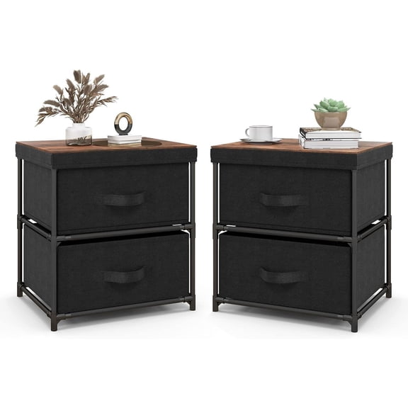Hanyu Fabric Dresser Set of 2 with 2 Drawers, Nightstand for Bedroom, Bedside Table with Removable Fabric Bins & Handles, Sofa Side Table, End Table for Living Room, Entryway, Black & Rustic Brown