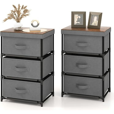 GOFLAME Fabric Dresser Set of 2 with 3 Drawers, Nightstand for Bedroom, Bedside Table with Removable Fabric Bins & Handles, End Table, Sofa Side Table for Living Room, Entryway, Grey & Rustic Brown