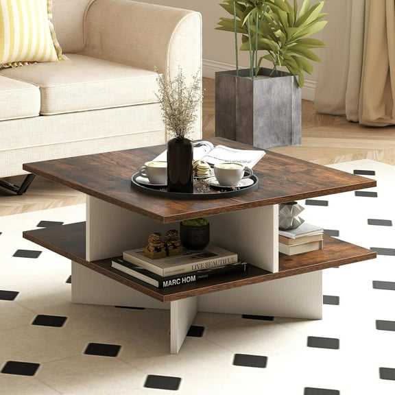 GOFLAME Farmhouse Coffee Table with Storage, 2-Tier Square Center Table with 4 Storage Compartments & X-Shape Base, Modern, Wood Tea Tables for Living Room, Lounge, Rustic Brown + White