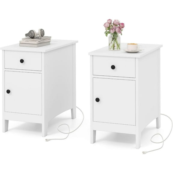 GOFLAME Flip Top End Table with Charging Station Set of 2, Modern Side Table with Drawer, Storage Cabinet, USB Ports & Outlets, Narrow Nightstands for Small Spaces, Living Room, Bedroom, White