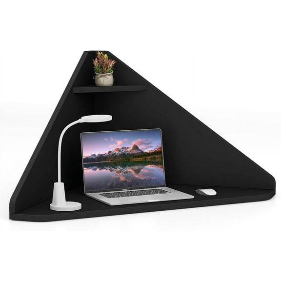 GOFLAME Floating Corner Desk, Wall Mounted Triangular Computer Desk w/Storage Shelf, Space-Saving Design, 90° Wooden Floating Home Office Desk for Writing, Working, Studying (Black)