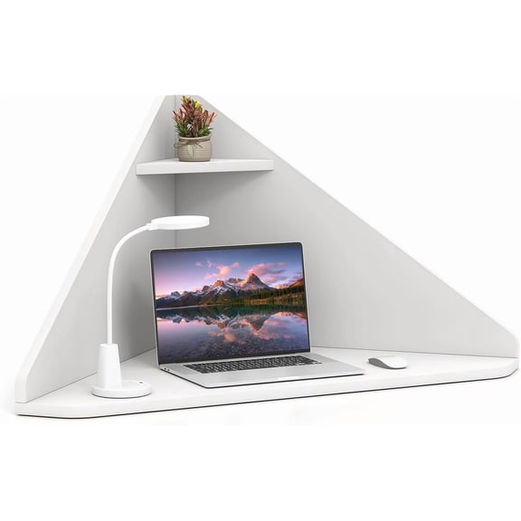 GOFLAME Floating Corner Desk, Wall Mounted Triangular Computer Desk w/Storage Shelf, Space-Saving Design, 90° Wooden Floating Home Office Desk for Writing, Working, Studying (White)