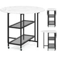 thumbnail image 1 of GOFLAME Folding Dining Table, Mobile Round Extendable Kitchen Table with 2-Tier Storage Shelves, 2 Lockable Wheels, Space Saving Collapsible Drop Leaf Dinner Table for Dining Room, Small Space, White, 1 of 9