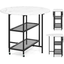 GOFLAME Folding Dining Table, Mobile Round Extendable Kitchen Table with 2-Tier Storage Shelves, 2 Lockable Wheels, Space Saving Collapsible Drop Leaf Dinner Table for Dining Room, Small Space, White