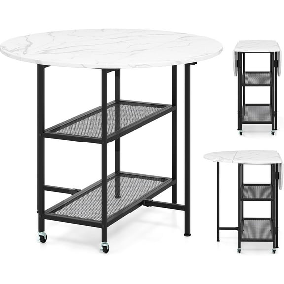 GOFLAME Folding Dining Table, Mobile Round Extendable Kitchen Table with 2-Tier Storage Shelves, 2 Lockable Wheels, Space Saving Collapsible Drop Leaf Dinner Table for Dining Room, Small Space, White