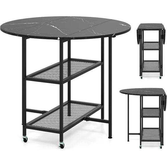GOFLAME Folding Dining Table, Mobile Round Extendable Kitchen Table with 2-Tier Storage Shelves, 2 Lockable Wheels, Space Saving Collapsible Drop Leaf Dinner Table for Dining Room, Small Space, Black