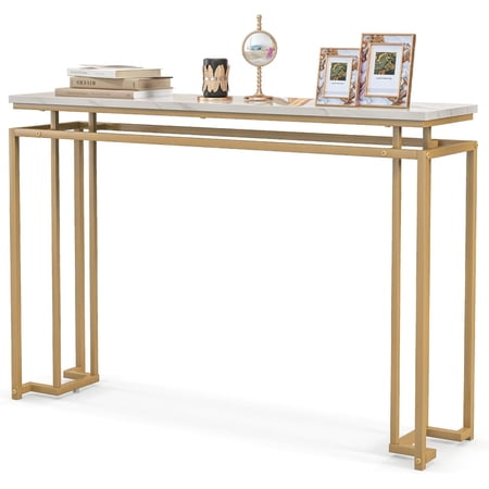 GOFLAME Gold Console Table, 47 Inch Modern Narrow Entryway Table with Faux Marble Tabletop & Geometric Metal Frame, Behind Sofa Table, Foyer Table with Anti-tipping Kit for Hallway, Living Room