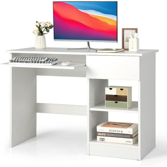 GOFLAME Home Office Desk with Drawer, Wooden Storage Computer Desk with Keyboard Tray & Adjustable Shelves, Executive Table Makeup Vanity Table Desk for Bedroom, Small Space, Black