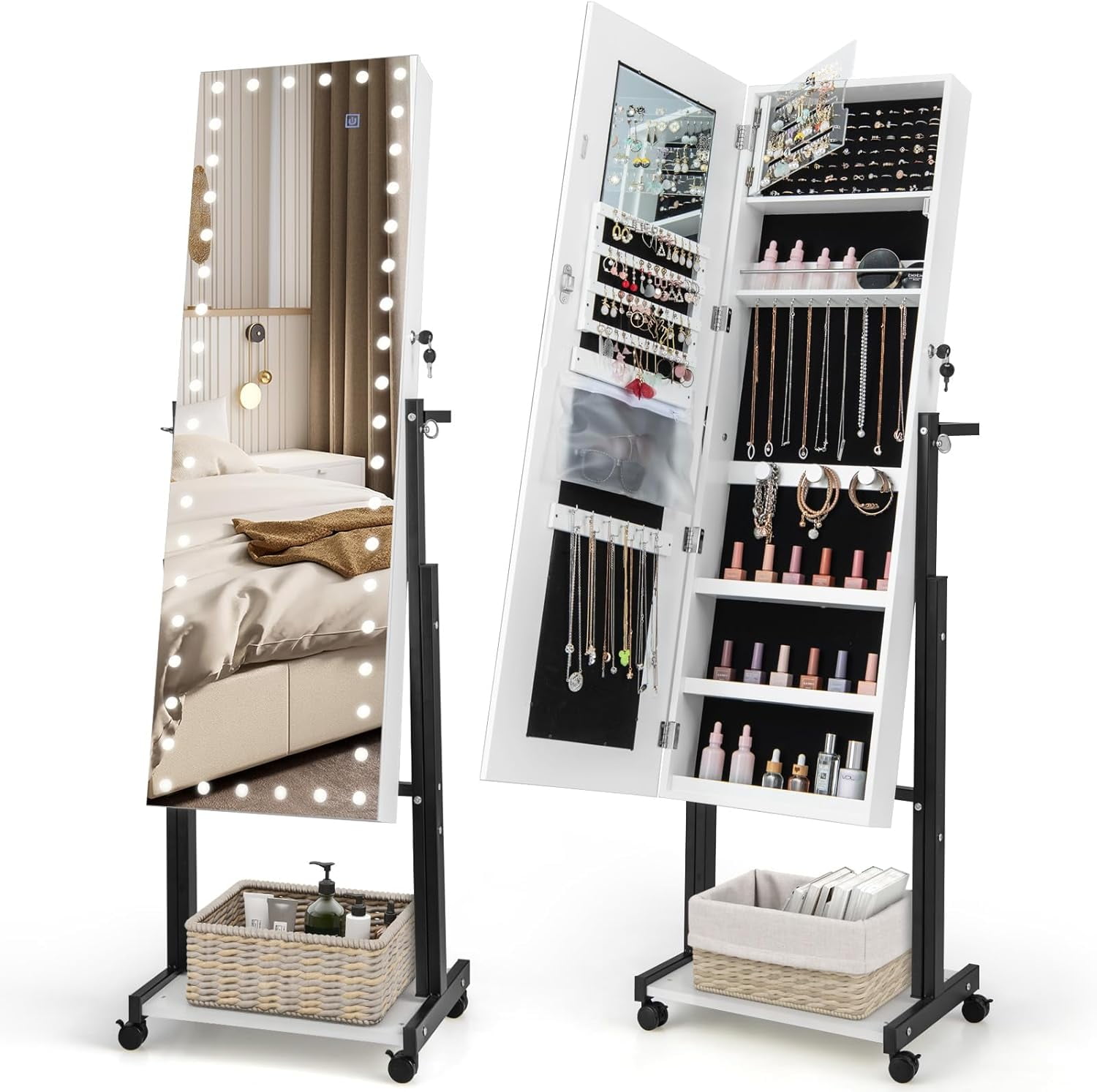 Mirrored Jewelry Cabinet Armoire Storage Organizer w/Drawer & Led Lights Brown/White (1FW1)(1U67)