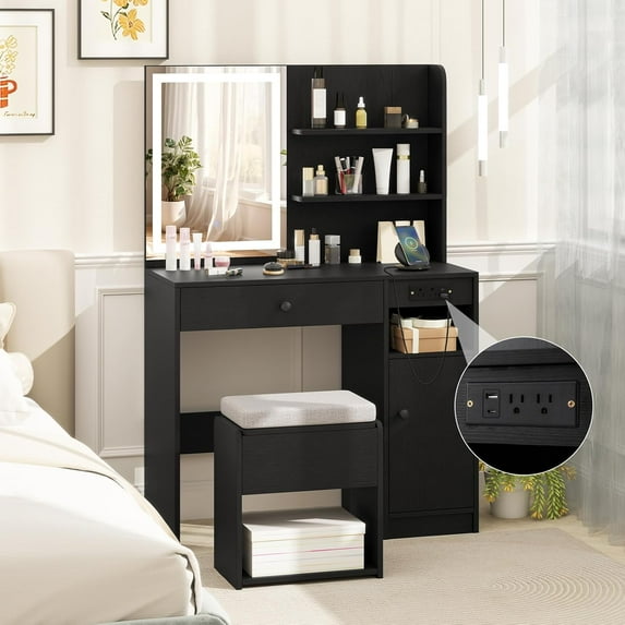 GOFLAME Makeup Vanity Set with Mirror and Lights, Vanity Desk with Charging Station, Storage Stool, 3-Color Lights, Drawer, Cabinet, Adjustable Shelf, Modern Dressing Table and Chair Set (Black)