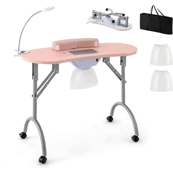 GOFLAME Manicure Nail Table, Foldable Nail Technician Desk w/Electric Downdraft Vent, Bendable LED Lamp, Removable Armrest Pad, Dust Bag, Manicure Table with Lockable Wheels for Home, Salon, Pink