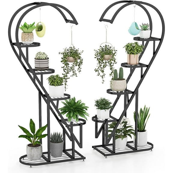 GOFLAME Metal Plant Stand Indoor Outdoor, 5 Tier Heart-shaped Ladder Plant Holder with Hanging Hooks for Multiple Plants, Large Display Shelf Rack for Home, Patio, Balcony, Garden, 2 Pack, Black