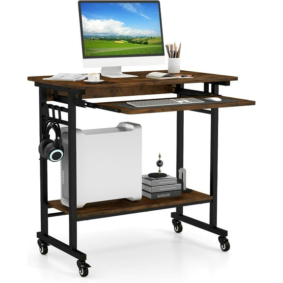 GOFLAME Mobile Computer Desk with Pull-Out Keyboard Tray, Compact Laptop Cart, Home Office Desk with Lockable Wheels, Writing Workstation, CPU Stand, Task Study PC Desk for Small Spaces, Study