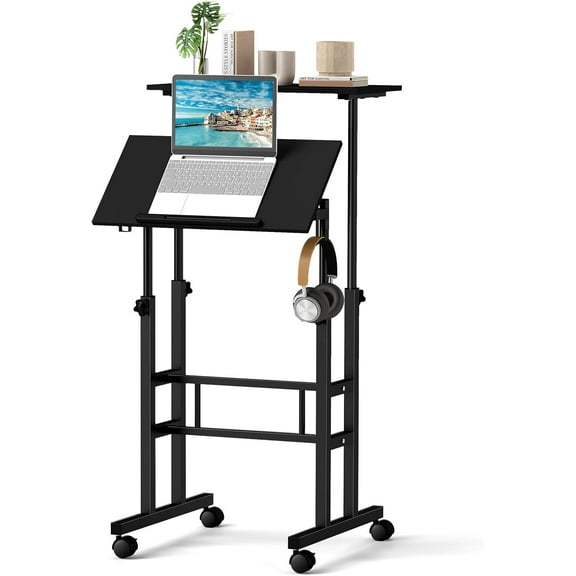 GOFLAME Mobile Standing Desk, Height Adjustable Computer Workstation, 2 Split Tops, Tiltable Desktop, Rolling Podium Stand, Portable Laptop Cart, Black, 24 x 12 x 49 inches
